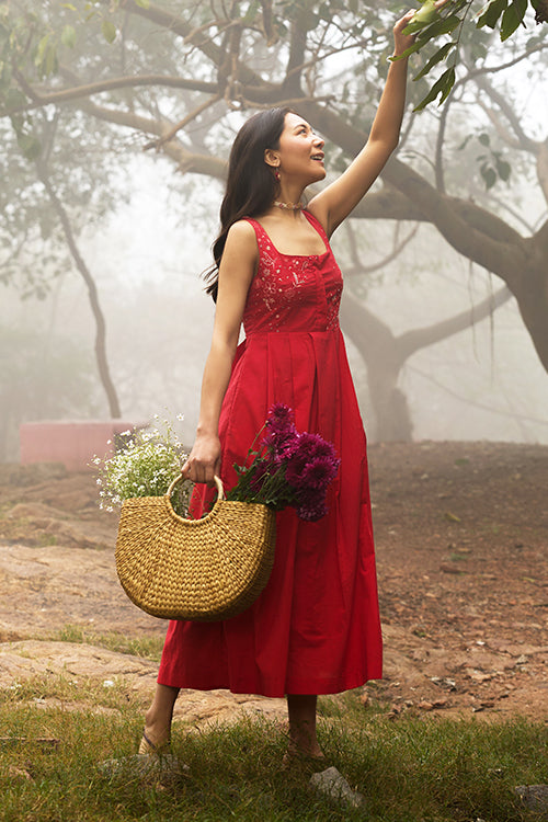 Okhai "Cherry Blush" Hand-Embroidered Pure Cotton Red Dress