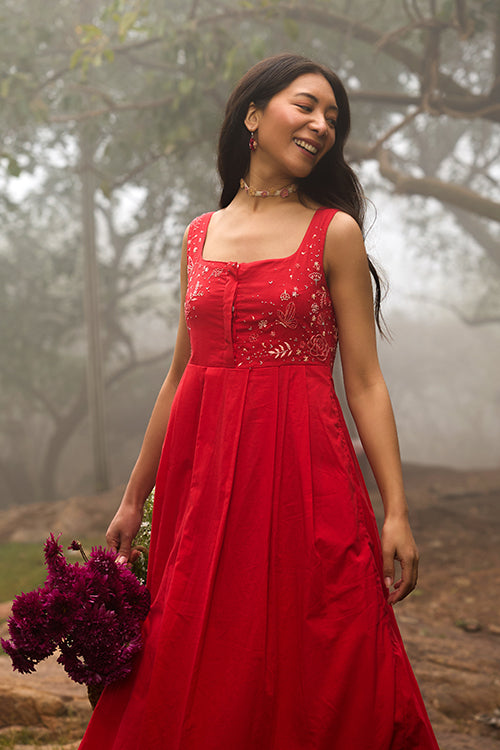 Okhai "Cherry Blush" Hand-Embroidered Pure Cotton Red Dress