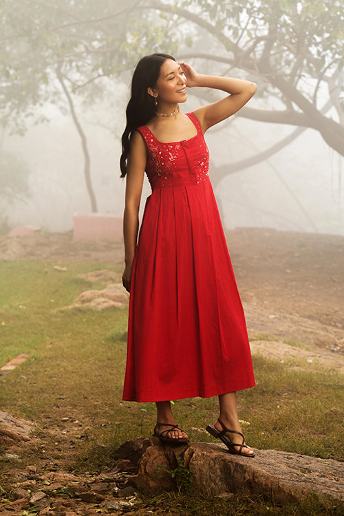 Okhai "Cherry Blush" Hand-Embroidered Pure Cotton Red Dress