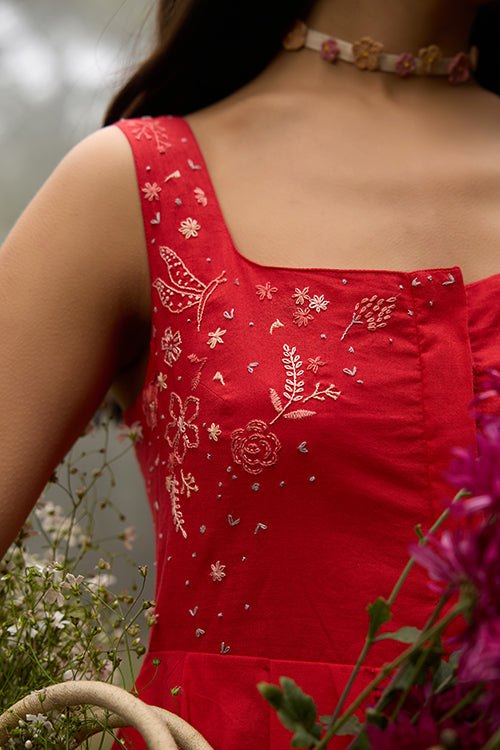 Okhai "Cherry Blush" Hand-Embroidered Pure Cotton Red Dress