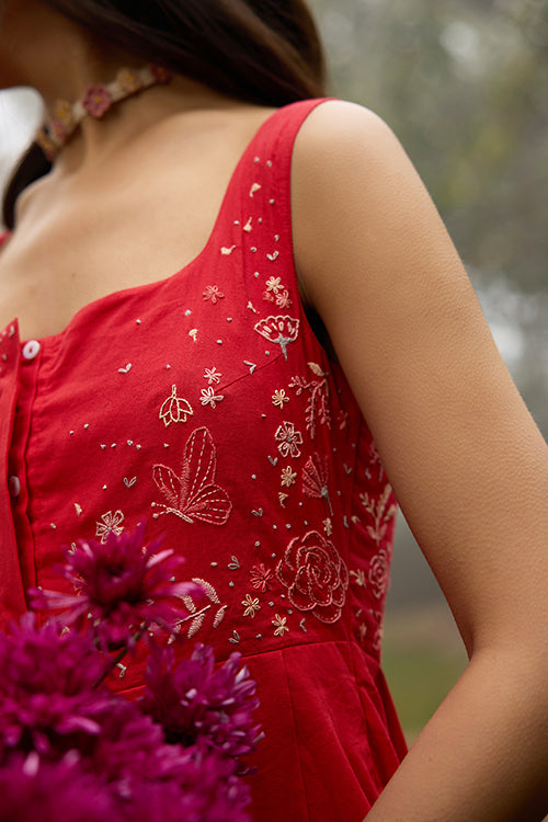 Okhai "Cherry Blush" Hand-Embroidered Pure Cotton Red Dress