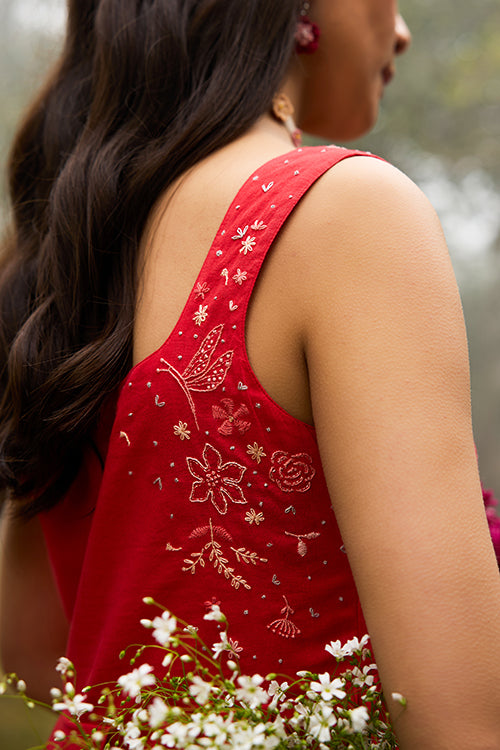 Okhai "Cherry Blush" Hand-Embroidered Pure Cotton Red Dress