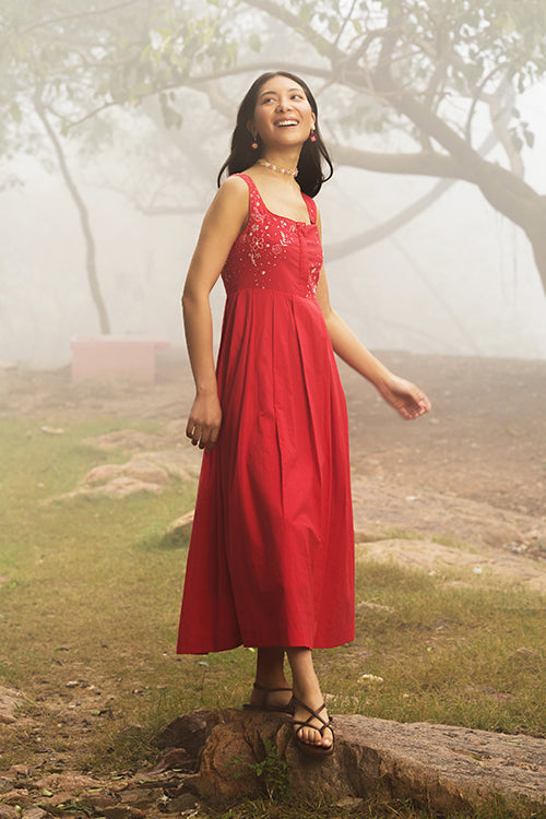 Okhai "Cherry Blush" Hand-Embroidered Pure Cotton Red Dress