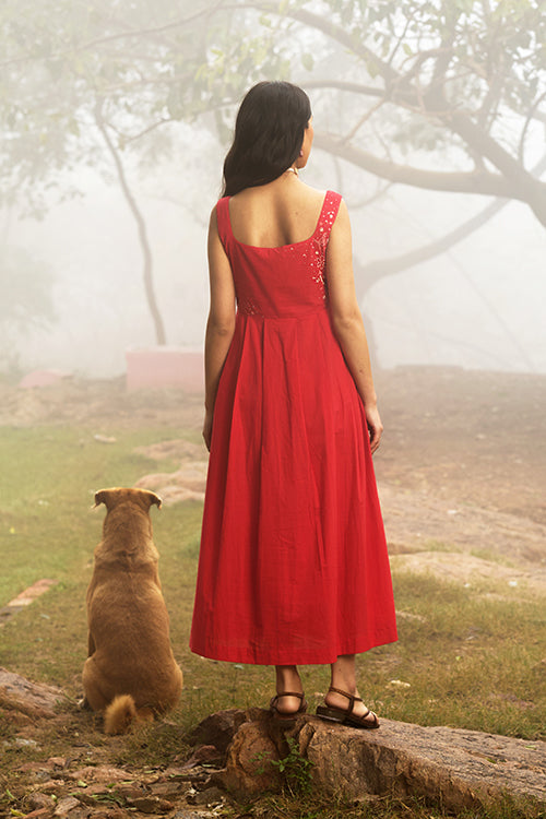 Okhai "Cherry Blush" Hand-Embroidered Pure Cotton Red Dress