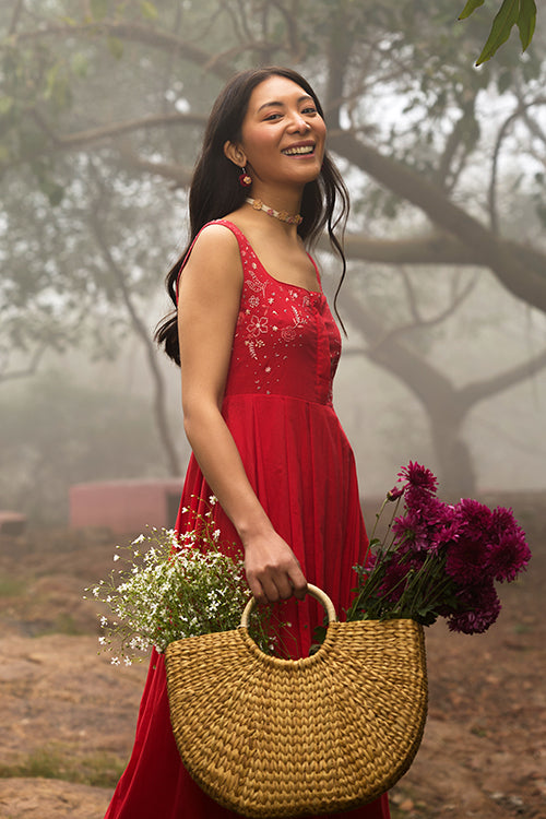 Okhai "Cherry Blush" Hand-Embroidered Pure Cotton Red Dress