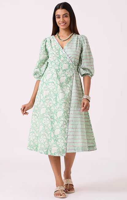 Okhai "Pasture" Hand embroidered Pista Green Hand Block Printed Pure Cotton Wrap Dress