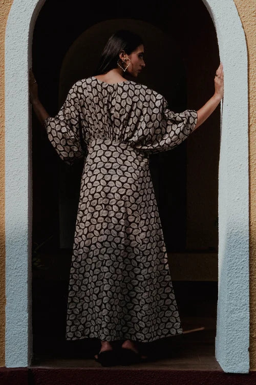 Okhai "Black Spade" Handblock Printed Pure Cotton Dress