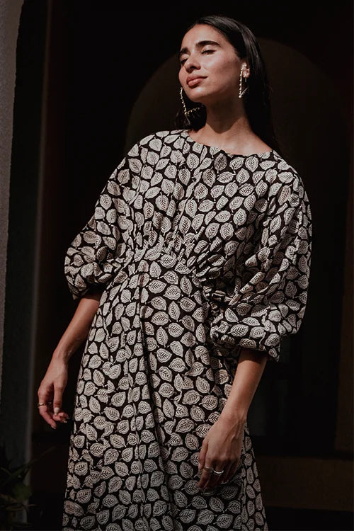 Okhai "Black Spade" Handblock Printed Pure Cotton Dress