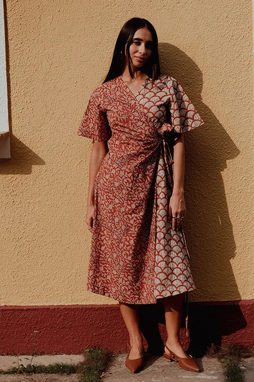 Okhai "Red Heart" Handblock Printed Pure Cotton Wrap Dress