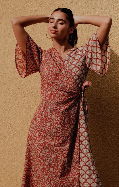 Okhai "Red Heart" Handblock Printed Pure Cotton Wrap Dress