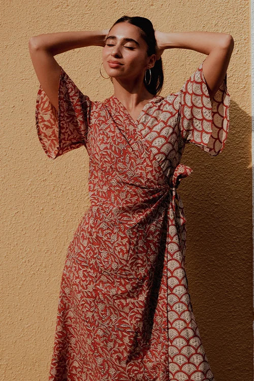 Okhai "Red Heart" Handblock Printed Pure Cotton Wrap Dress