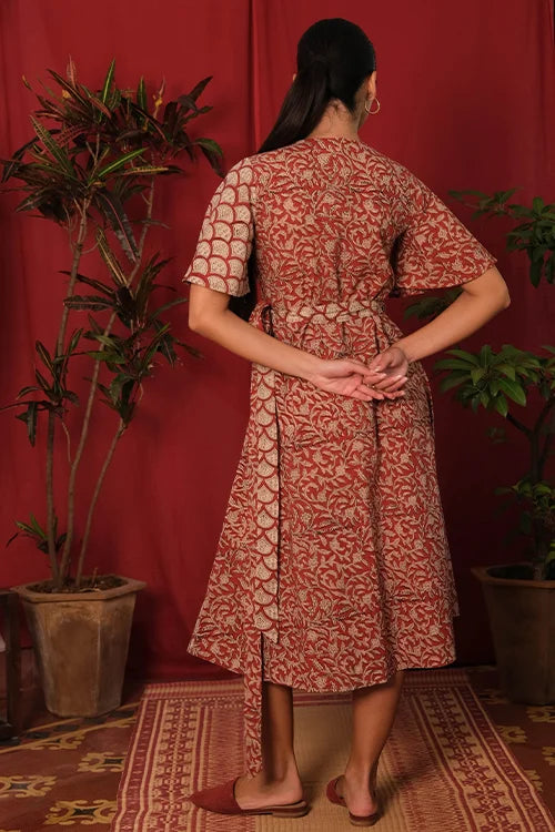 Okhai "Red Heart" Handblock Printed Pure Cotton Wrap Dress