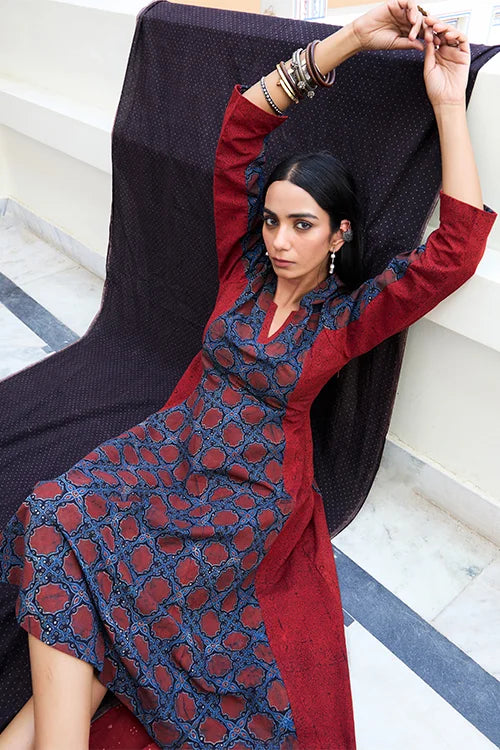 Okhai "Crimson Flow" Cotton Ajrakh Dress