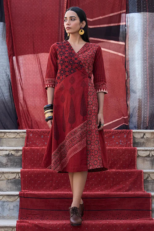 Okhai "Strawberry Crush" Hand-Embroidered Pure Cotton Maroon Dress