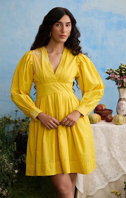 Okhai "Verve" Hand-Embroidery and Beadwork Pure Cotton Yellow Dress