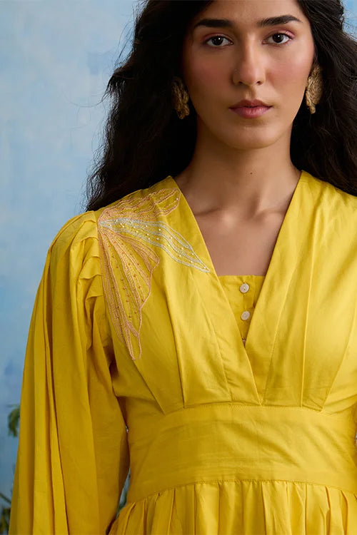 idol yellow embroidered dress Long Yellow V-Neck Dress With Floral Beaded Appliqué main image 0