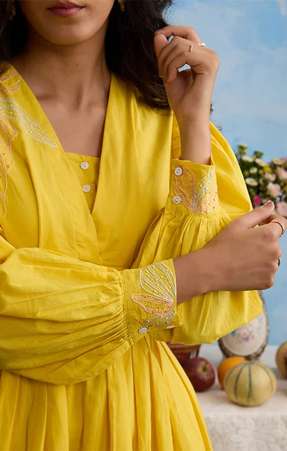 Okhai "Verve" Hand-Embroidery and Beadwork Pure Cotton Yellow Dress