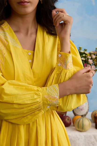 Okhai "Verve" Hand-Embroidery and Beadwork Pure Cotton Yellow Dress