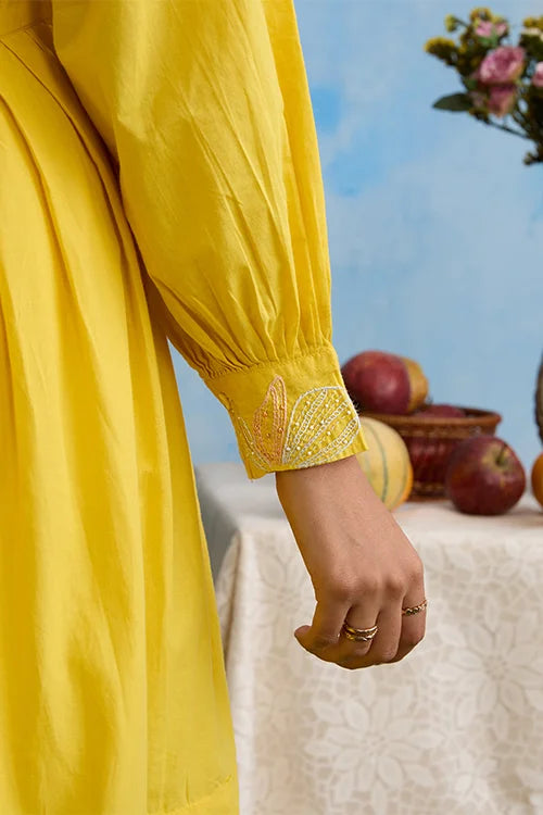 Okhai "Verve" Hand-Embroidery and Beadwork Pure Cotton Yellow Dress