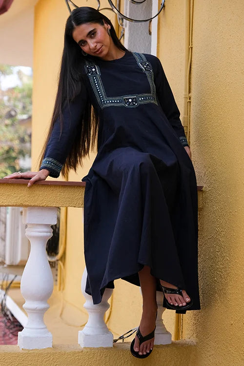 Okhai "Midnight" Hand-Embroidered Mirrorwork and Beadwork Pure Cotton Navy Blue Dress