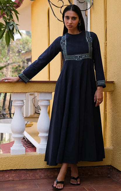 Okhai "Midnight" Hand-Embroidered Mirrorwork and Beadwork Pure Cotton Navy Blue Dress