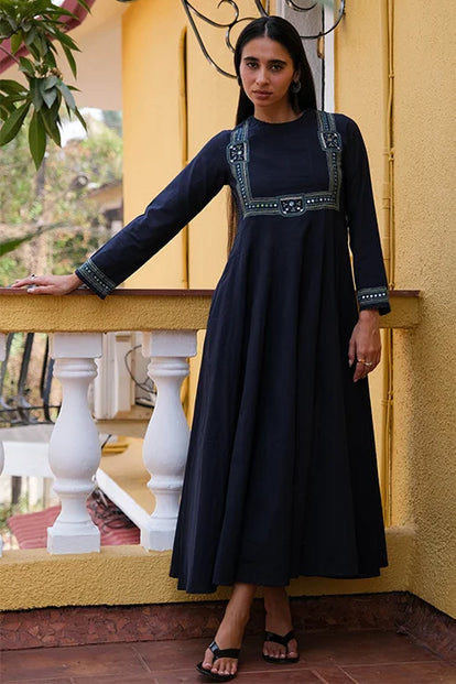 Okhai "Midnight" Hand-Embroidered Mirrorwork and Beadwork Pure Cotton Navy Blue Dress