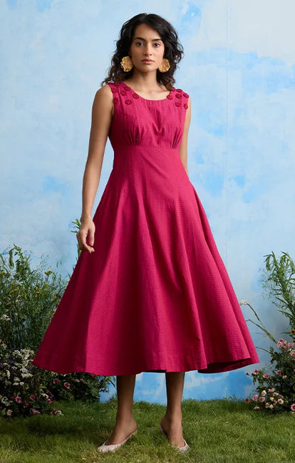 Okhai "Daphne Grace" Hand Embroidered Sleeveless Maroon Cotton Dress