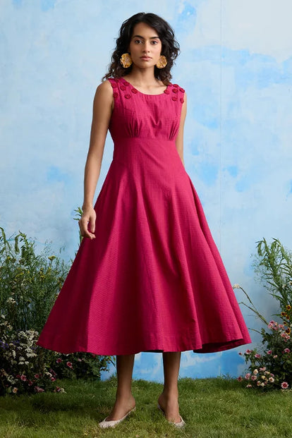 Okhai "Daphne Grace" Hand Embroidered Sleeveless Maroon Cotton Dress