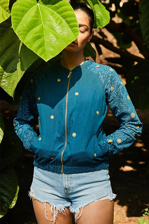 Okhai 'Starry Night' Hand Embroidery Mirror Work Pure Cotton Bomber Jacket