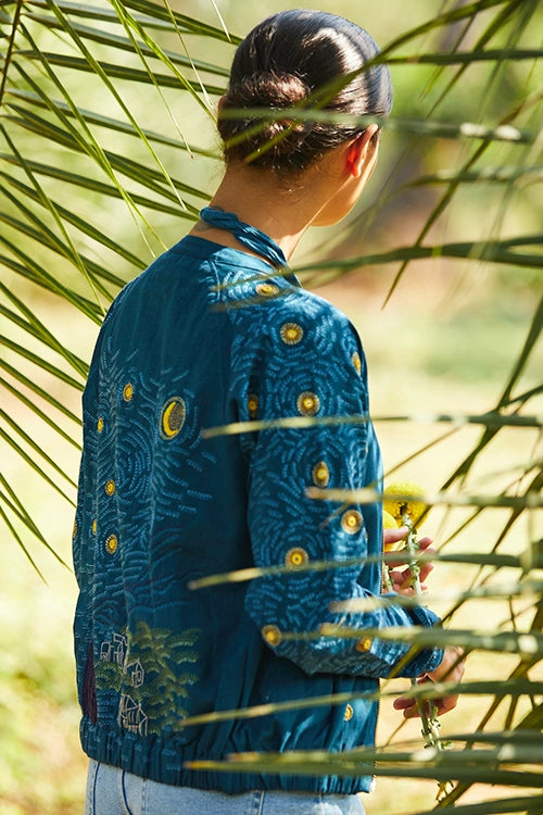 Okhai 'Starry Night' Hand Embroidery Mirror Work Pure Cotton Bomber Jacket