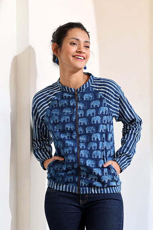 Elle-Poo Handblock Printed Pure Cotton Bomber Jacket For Women Online