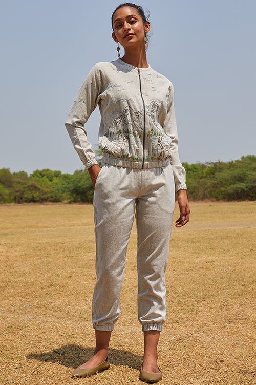 Okhai 'Deer Valley' Hand Embroidery Mirror Work Pure Cotton Bomber Jacket