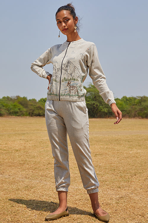 Okhai 'Deer Valley' Hand Embroidery Mirror Work Pure Cotton Bomber Jacket