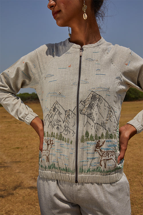 Okhai 'Deer Valley' Hand Embroidery Mirror Work Pure Cotton Bomber Jacket