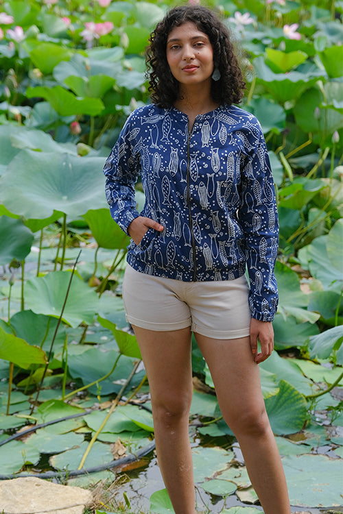 Freshwater Medley Mirrorwork Printed Cotton Bomber Jacket