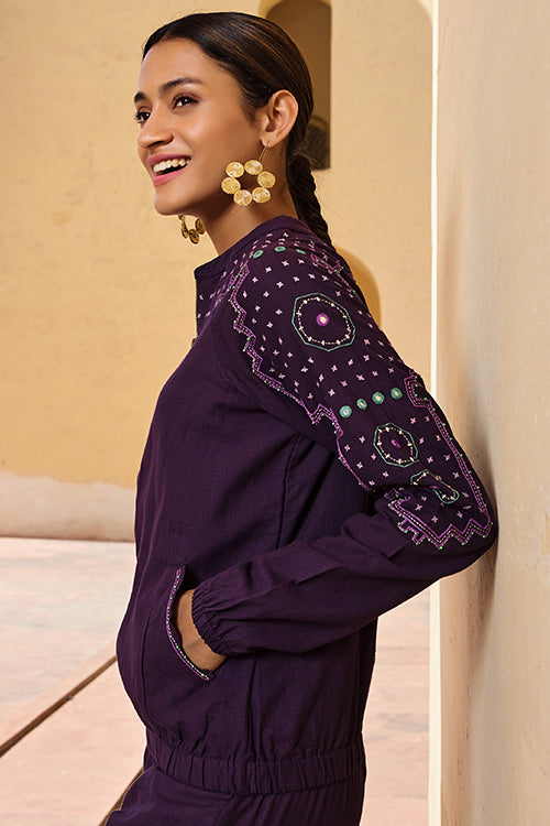 Okhai "Kalyanaka" Hand Embroidered Mirror and Beadwork Pure Cotton Bomber Jacket