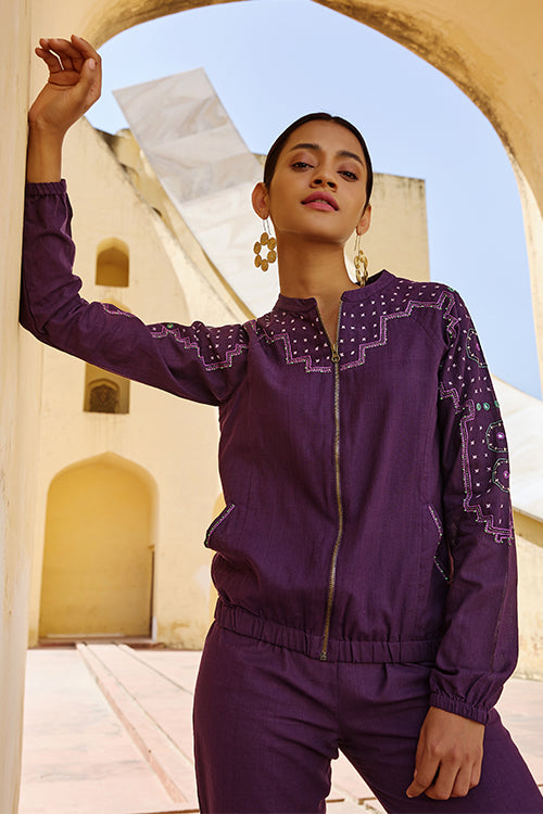 Okhai "Kalyanaka" Hand Embroidered Mirror and Beadwork Pure Cotton Bomber Jacket