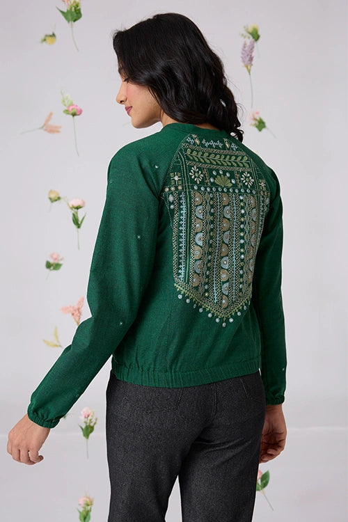 Okhai "Pastoral" Hand-Embroidered Mirrorwork Pure Cotton Bomber Jacket