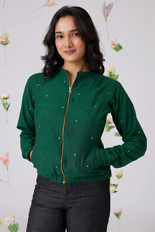 Okhai "Pastoral" Hand-Embroidered Mirrorwork Pure Cotton Bomber Jacket