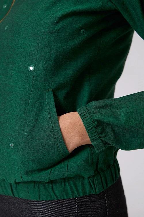 Okhai "Pastoral" Hand-Embroidered Mirrorwork Pure Cotton Bomber Jacket