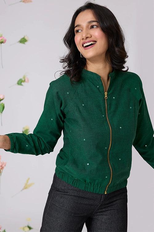 Okhai "Pastoral" Hand-Embroidered Mirrorwork Pure Cotton Bomber Jacket