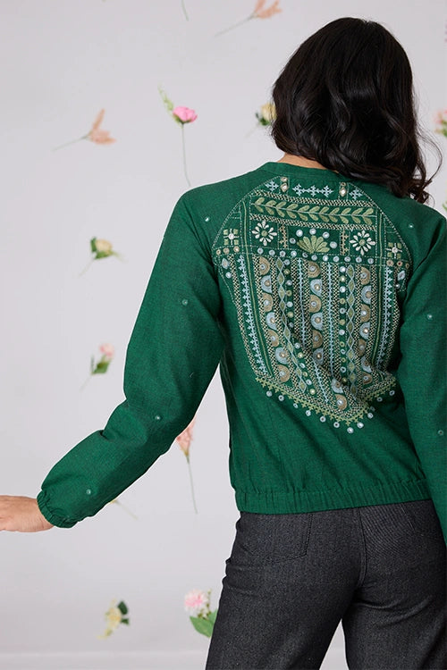 Okhai "Pastoral" Hand-Embroidered Mirrorwork Pure Cotton Bomber Jacket