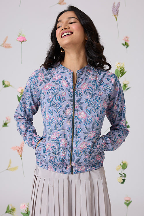 Okhai "Flower Ocean" Hand-Embroidered Mirrorwork Handblock Printed Pure Cotton Bomber Jacket