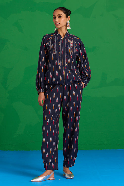 Okhai “Kalinga” Hand-Embroidered Tikki and Mirror work Ikkat Pure Cotton Bomber Jacket