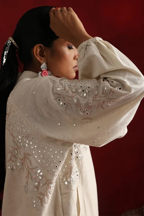 Okhai "Thousand Mirrors" Hand-Embroidered Off White Pure Cotton Bomber Jacket