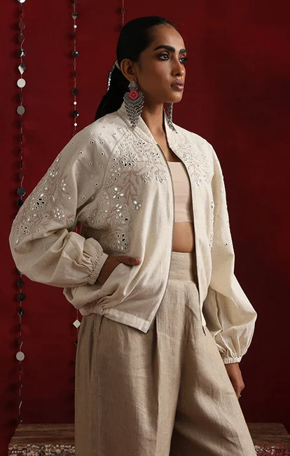 Okhai "Thousand Mirrors" Hand-Embroidered Off White Pure Cotton Bomber Jacket