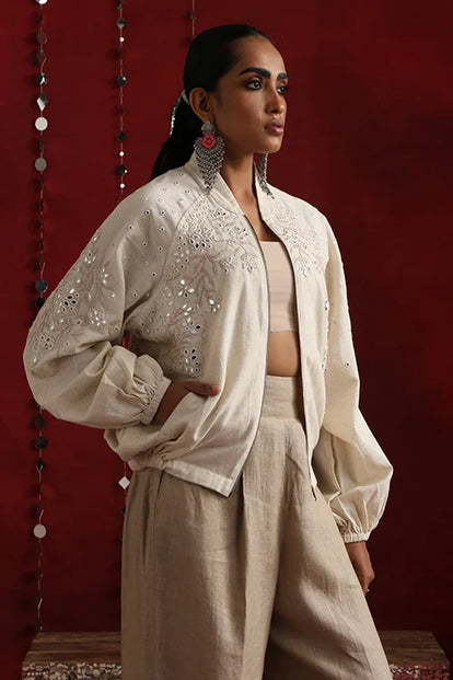 Okhai "Thousand Mirrors" Hand-Embroidered Off White Pure Cotton Bomber Jacket