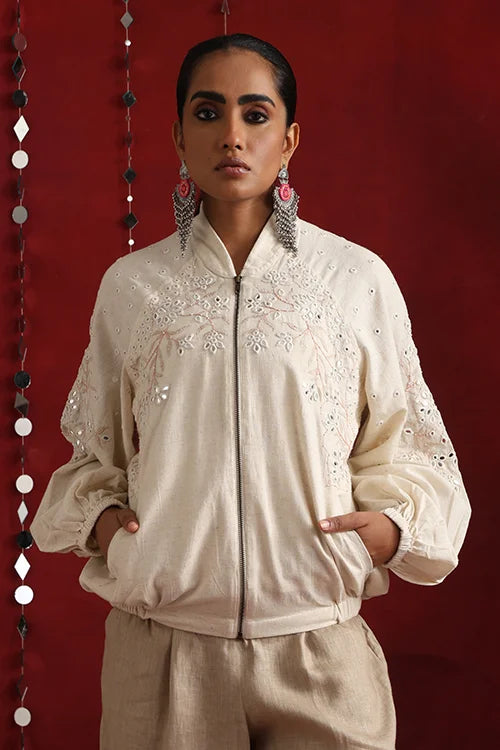 Okhai "Thousand Mirrors" Hand-Embroidered Off White Pure Cotton Bomber Jacket