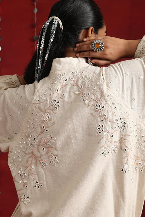 Okhai "Thousand Mirrors" Hand-Embroidered Off White Pure Cotton Bomber Jacket