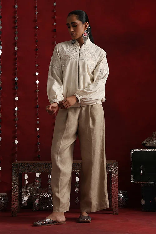 Okhai "Thousand Mirrors" Hand-Embroidered Off White Pure Cotton Bomber Jacket